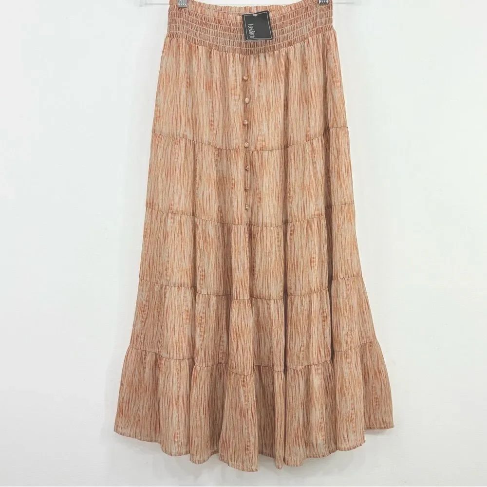 Tart Lee & Birch Orange Cream Abstract Print Tiered Flowy Full Maxi Skirt NEW